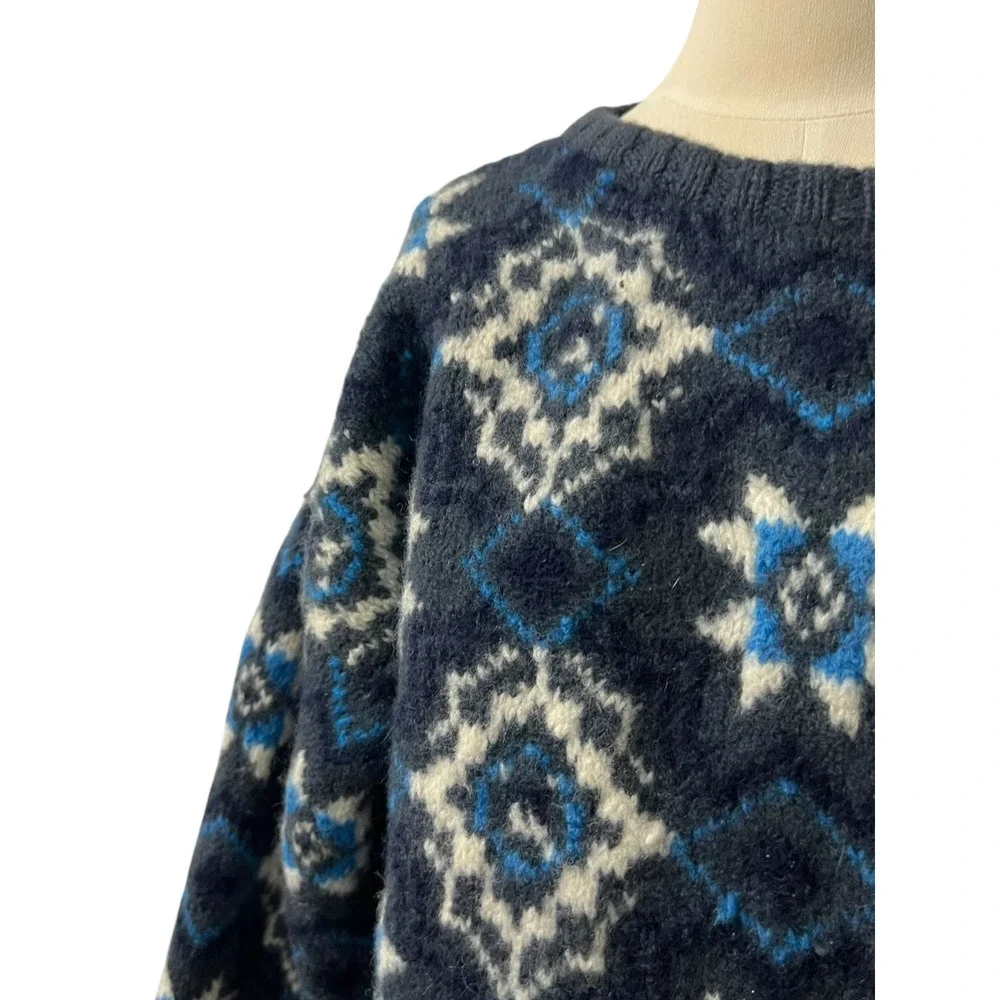 Maine Bay Fair Isle Wool Sweater Nordic Hand Knit Blue White L